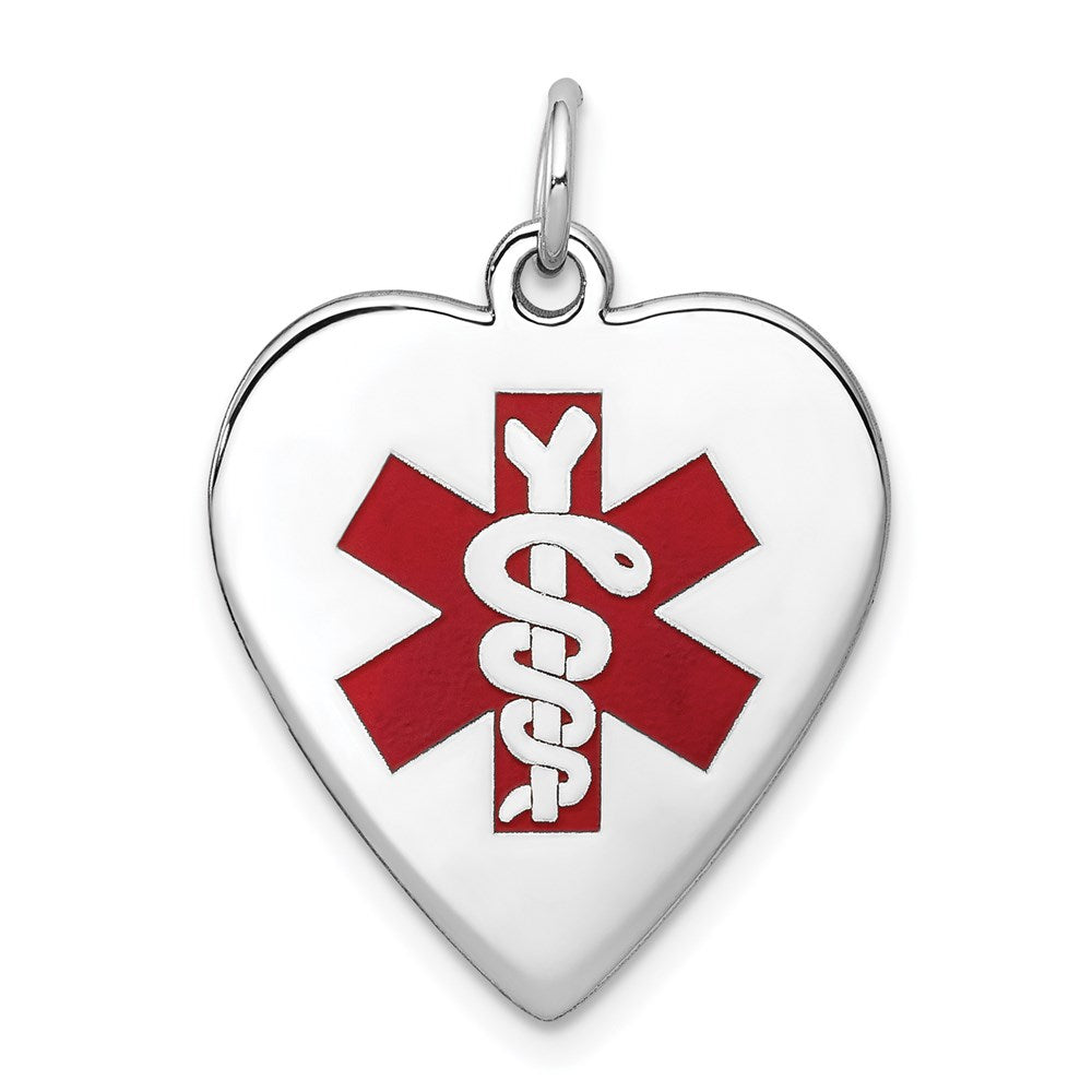 14k White Gold 19mm Heart-Shaped Red Enameled Medical Jewelry Pendant, 26 x 19 mm