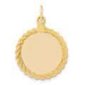 14k Plain .013 Gauge Round Engravable 20.3x18.6mm Disc with Rope Edge Charm, 26.85 x 18.66 mm