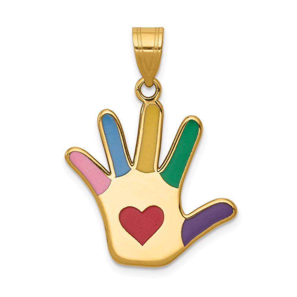 14k Enameled Autism with Heart Handprint Pendant, 29.22 x 21.49 mm