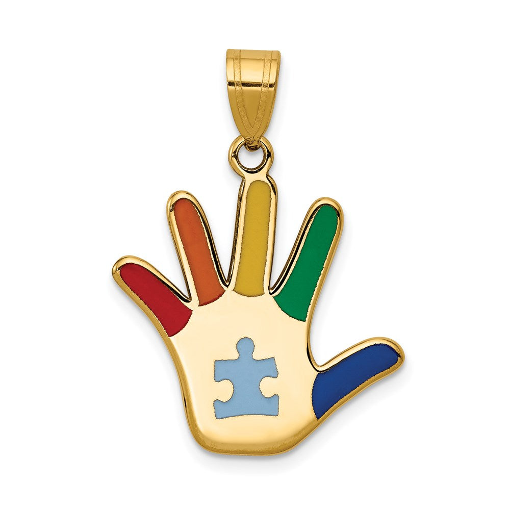 14k Enameled Autism with Puzzle Piece Handprint Pendant, 29.04 x 20.83 mm