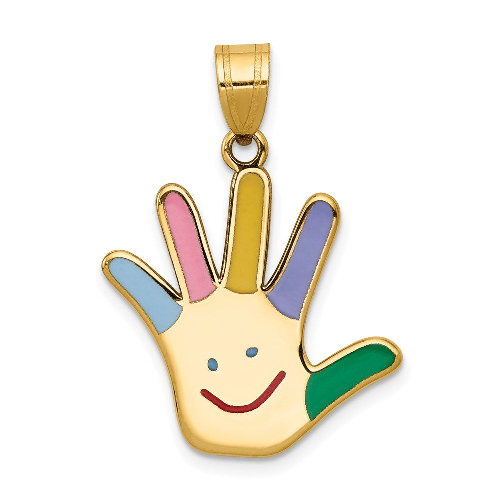 14k Enameled Autism with Happy Face Handprint Pendant, 29.12 x 20.77 mm