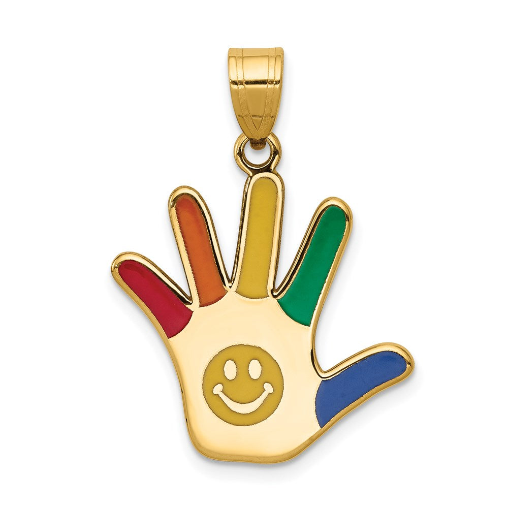 14k Enameled Autism with Smiley Face Handprint Pendant, 29.17 x 20.93 mm