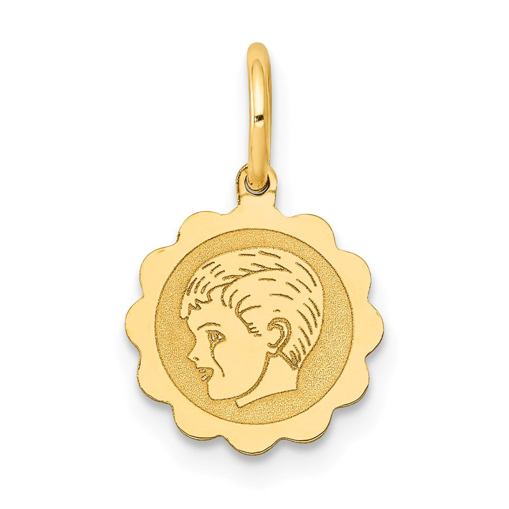 14k Boy Head on .009 Gauge 10mm Engravable Scalloped Disc Charm, 15 x 10 mm