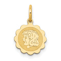 14k Girl Head on .009 Gauge 10mm Engravable Scalloped Disc Charm, 15 x 10 mm