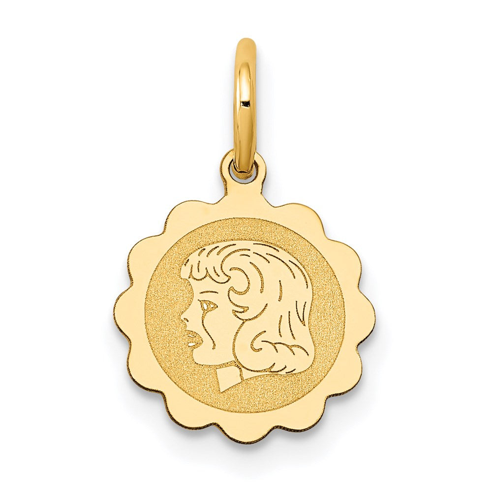 14k Girl Head on .009 Gauge 10mm Engravable Scalloped Disc Charm, 15 x 10 mm