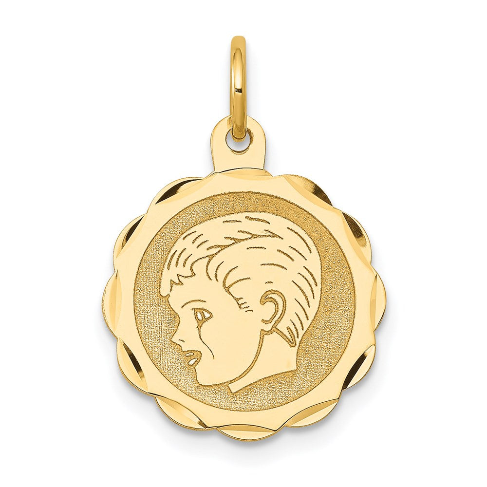 14k Boy Head on .013 Gauge 15mm Engravable Scalloped Disc Charm, 21 x 15 mm