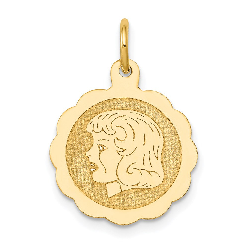 14k Girl Head on .013 Gauge 15mm Engravable Scalloped Disc Charm, 21 x 15 mm