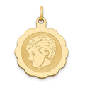 14k Boy Head on .013 Gauge 18mm Engravable Scalloped Disc Charm, 24 x 16 mm