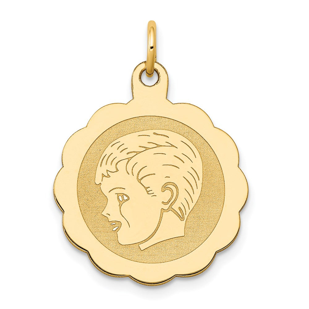 14k Boy Head on .013 Gauge 18mm Engravable Scalloped Disc Charm, 24 x 16 mm