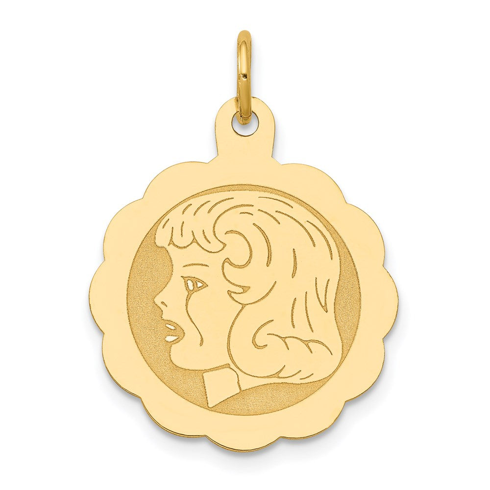 14k Girl Head on .013 Gauge 18mm Engravable Scalloped Disc Charm, 24 x 16 mm