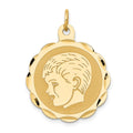 14k Boy Head on .011 Gauge 22mm Engravable Scalloped Disc Charm, 28 x 22.5 mm