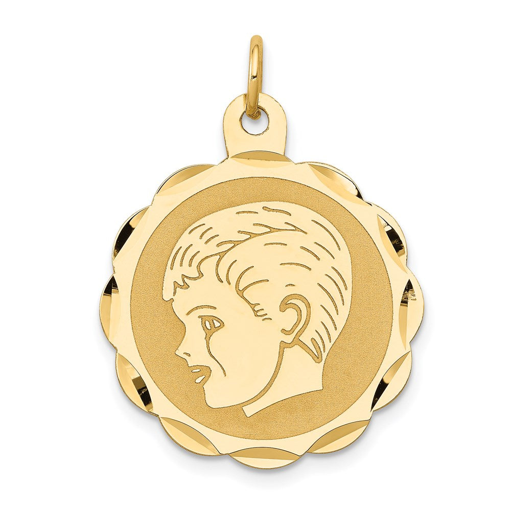 14k Boy Head on .011 Gauge 22mm Engravable Scalloped Disc Charm, 28 x 22.5 mm