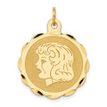 14k Girl Head on .011 Gauge 22mm Engravable Scalloped Disc Charm, 28 x 22.5 mm