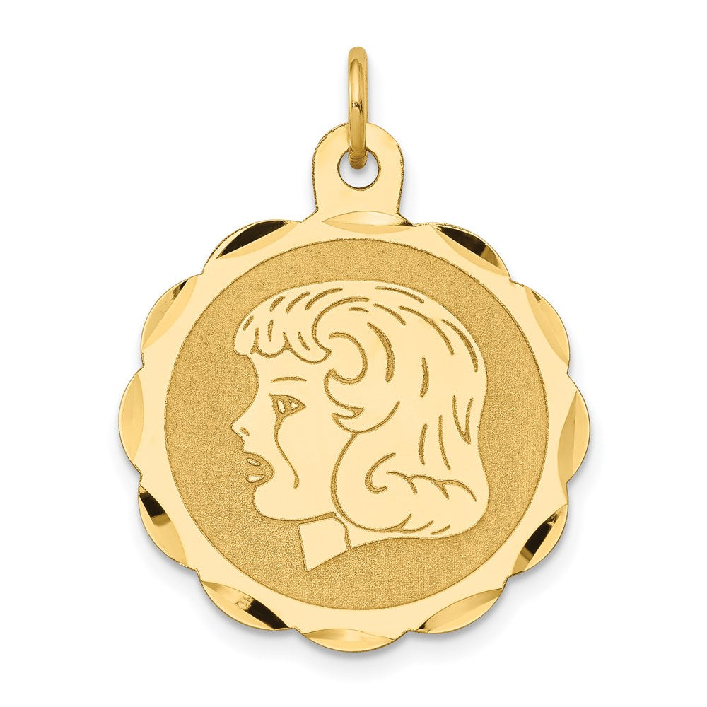 14k Girl Head on .011 Gauge 22mm Engravable Scalloped Disc Charm, 28 x 22.5 mm