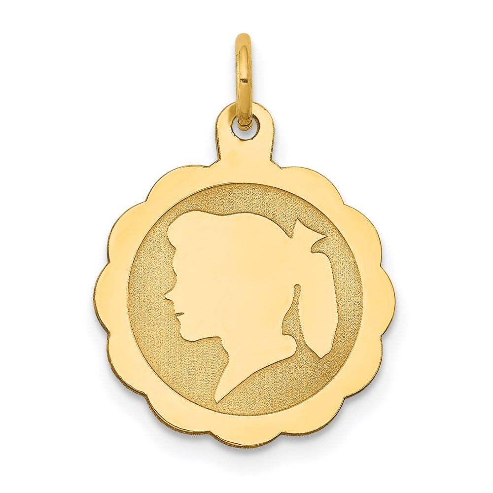 14k Girl Head on .011 Gauge Engravable Scalloped 17x15mm Disc Charm, 21 x 15 mm