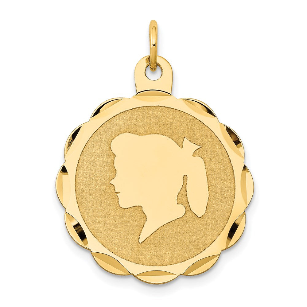 14k Girl Head on .013 Gauge Engravable Scalloped 25x22mm Disc Charm, 29 x 22 mm