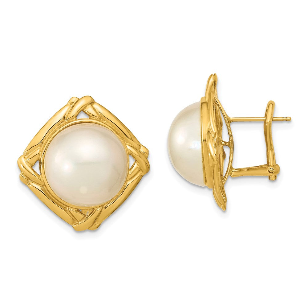 14k 13-14mm White Mabe Saltwater Cultured Pearl Omega Back Earrings, 21 x 21 mm