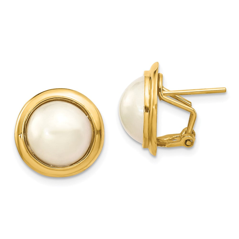 14k 10-11mm White Freshwater Cultured Mabe Pearl Omega Back Earrings, 18 x 18 mm