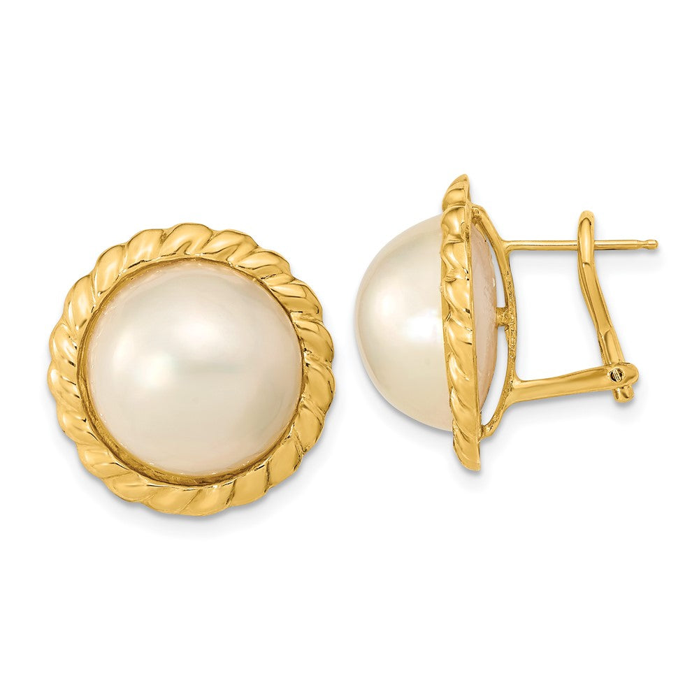 14k 13-14mm White Mabe Saltwater Cultured  Pearl Omega Back Earrings, 18 x 18 mm