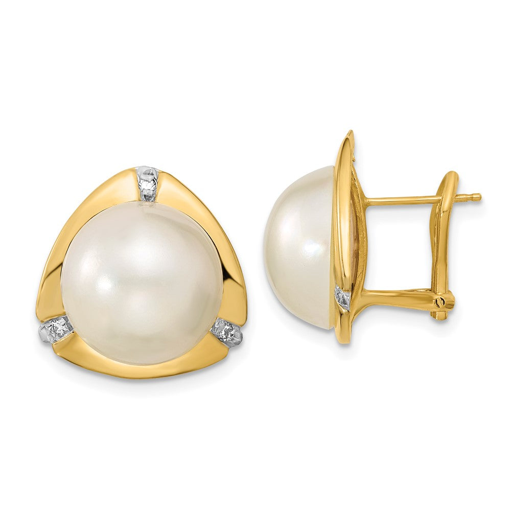 14k 12-13mm White Mabe Saltwater Cultured Pearl and .06 Carat Diamond Omega Back Earrings, 0.06 ct, 18.4 x 17.5 mm