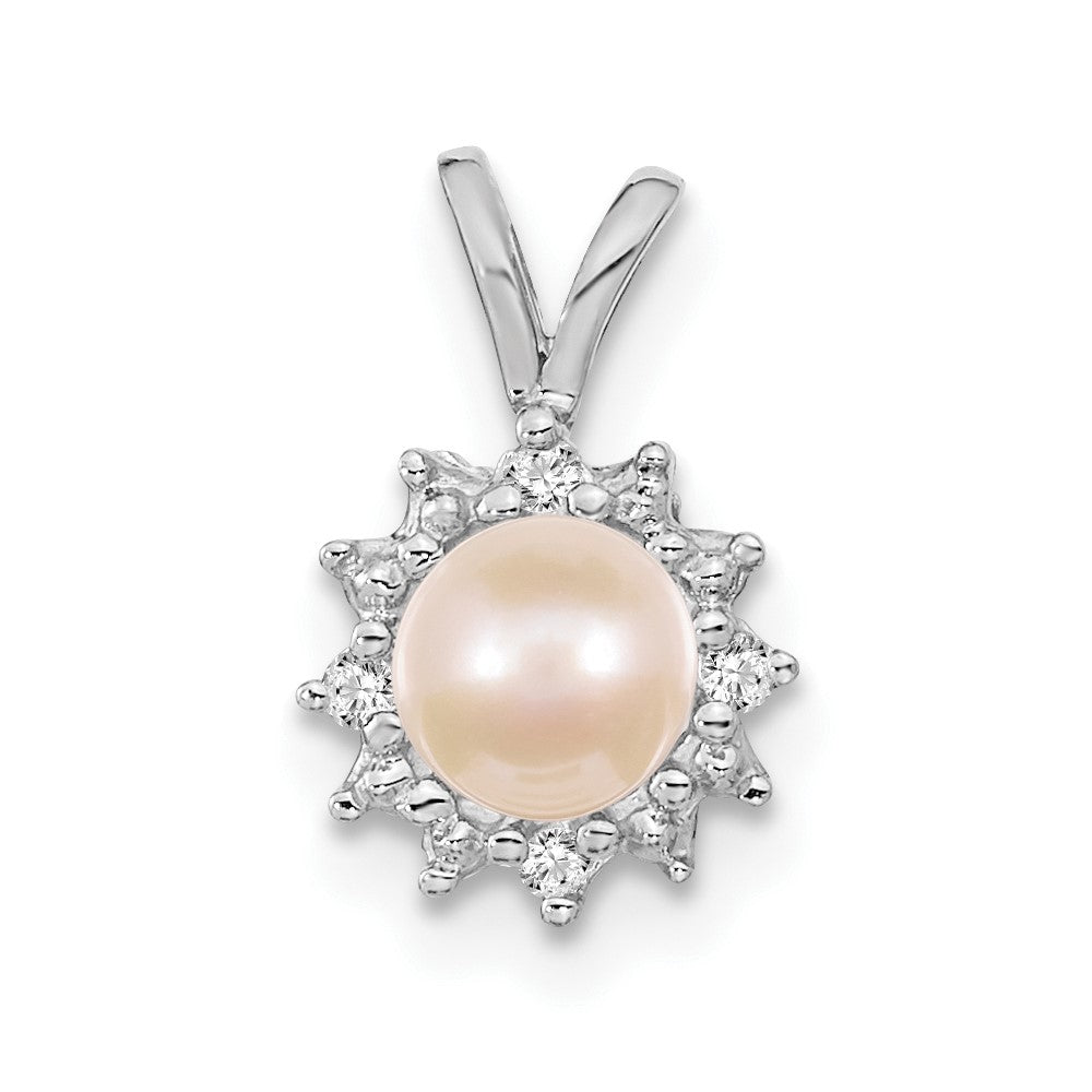 14k White Gold 4-5mm Near Round White Freshwater Cultured Pearl and AA Diamond Pendant, 0.032 ct, 12 x 8 mm
