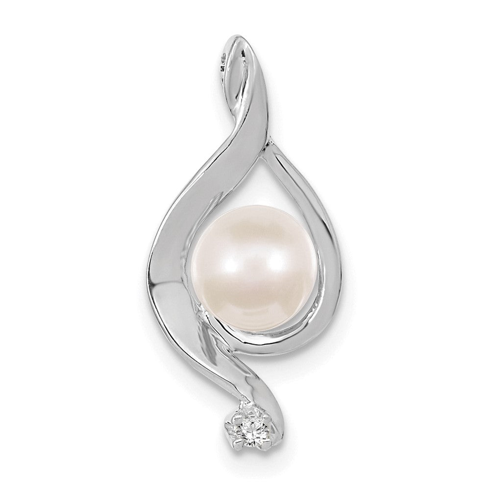 14k White Gold 5-6mm Near Round White Freshwater Cultured Pearl and VS Diamond Chain Slide, 0.015 ct, 20 x 10 mm