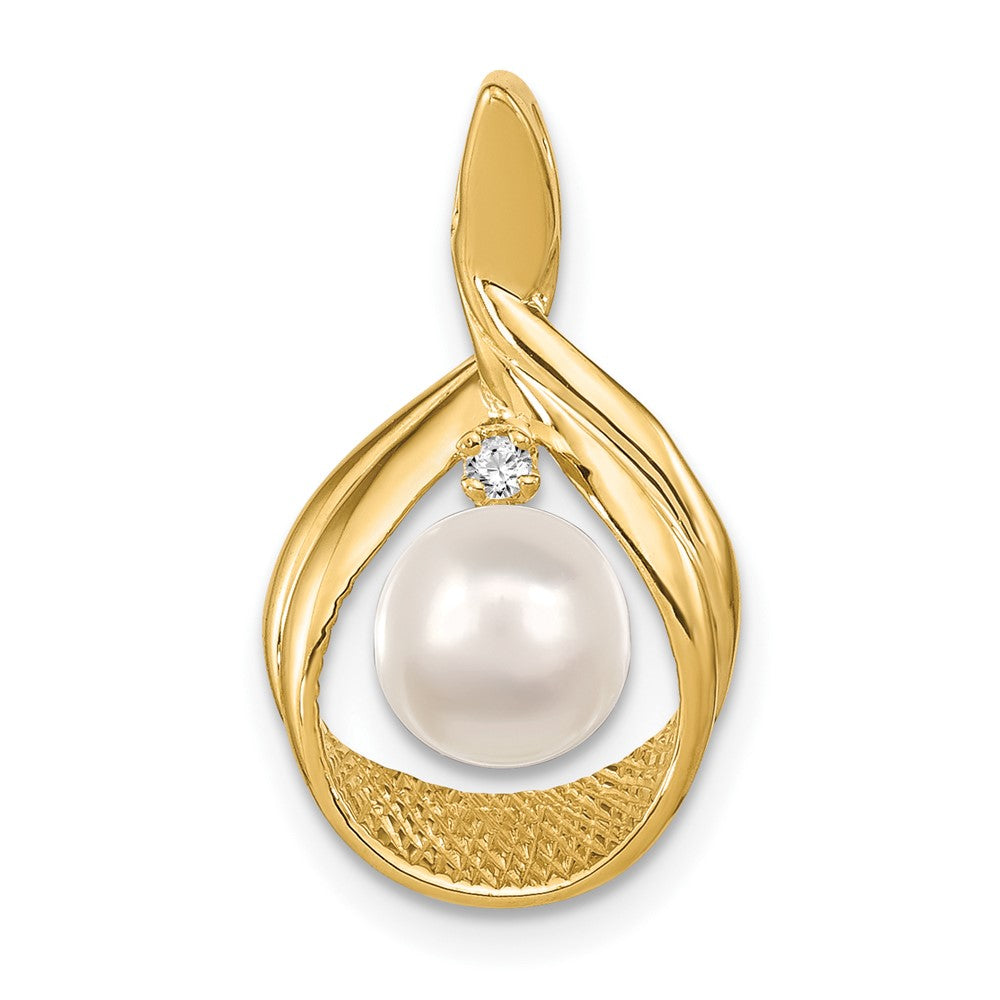 14k 7-8mm Near Round White Freshwater Cultured Pearl and AAA Diamond Pendant, 0.012 ct, 22 x 12 mm