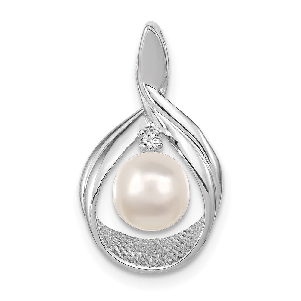 14k White Gold 7-8mm Near Round White Freshwater Cultured Pearl and AAA Diamond Pendant, 0.012 ct, 22 x 12 mm