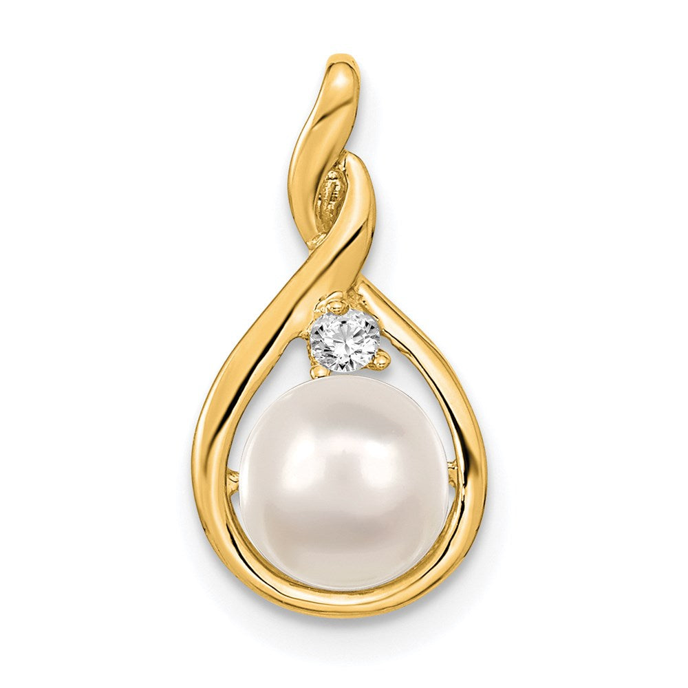14k 7-8mm Near Round White Freshwater Cultured Pearl and AA Diamond Pendant, 0.035 ct, 19 x 9 mm