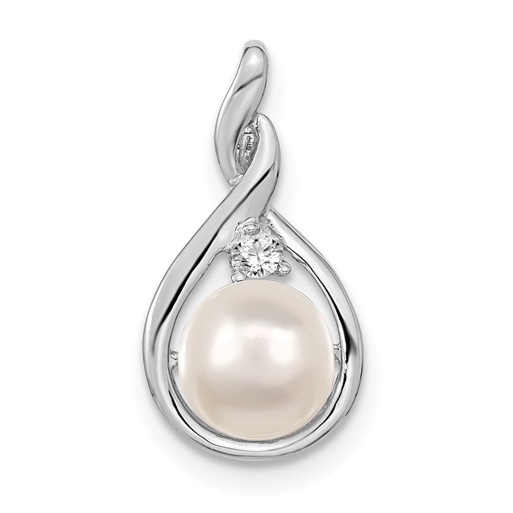 14k White Gold 7-8mm Near Round White Freshwater Cultured Pearl and AA Diamond Pendant, 0.035 ct, 19 x 9 mm