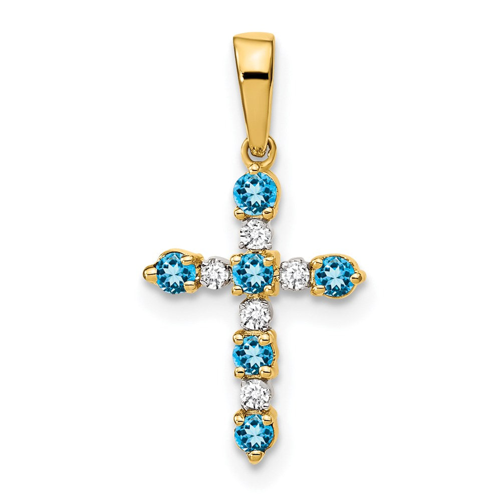 14k Blue Topaz and Diamond Cross Pendant, 0.278 ct, 22 x 11 mm