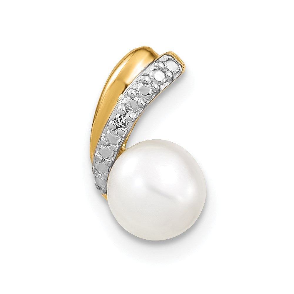 14k 6-7mm White Round Freshwater Cultured Pearl and Diamond Pendant, 0.011 ct, 11 x 7 mm