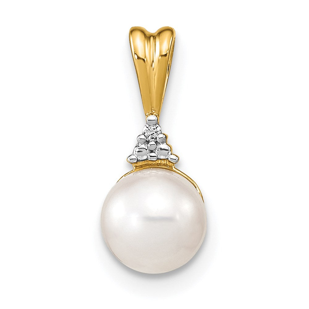 14k 6-7mm White Round Freshwater Cultured Pearl and Diamond Pendant, 0.006 ct, 14 x 6 mm
