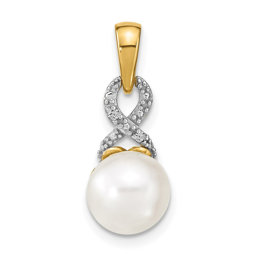14k 7-8mm Round White Freshwater Cultured Pearl and Diamond Pendant, 0.011 ct, 19 x 8 mm