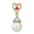 14k 8-9mm Round White Freshwater Cultured Pearl/Lab Created Ruby/Diamond Chain Slide, 0.072 ct, 23 x 8 mm