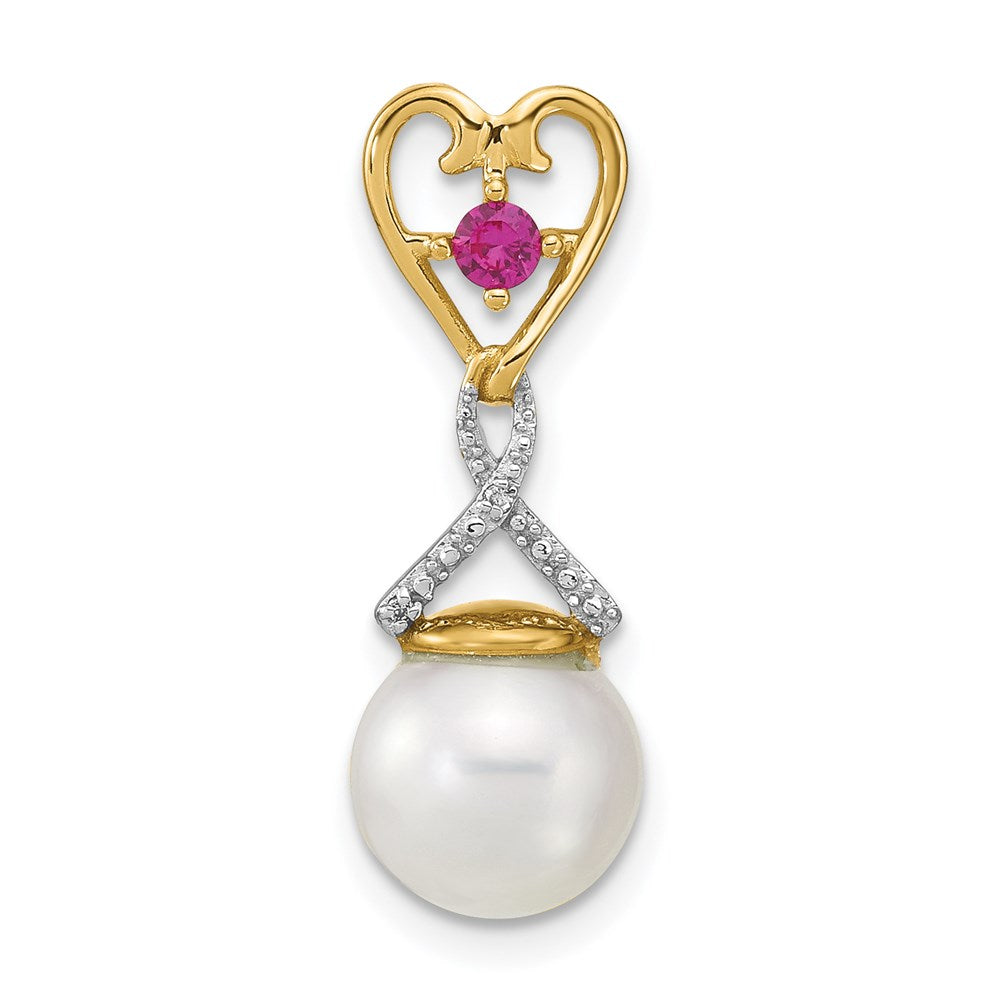 14k 8-9mm Round White Freshwater Cultured Pearl/Lab Created Ruby/Diamond Chain Slide, 0.072 ct, 23 x 8 mm