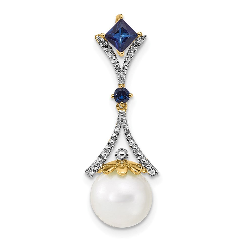 14k 8-9mm Round White Freshwater Cultured Pearl/Lab Created Sapphire/Diamond Chain Slide, 0.015 ct, 28 x 10 mm