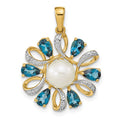 14k 6-7mm Button White Freshwater Cultured Pearl/Pear London Blue Topaz/Diamond Pendant, 1.519 ct, 28 x 20 mm