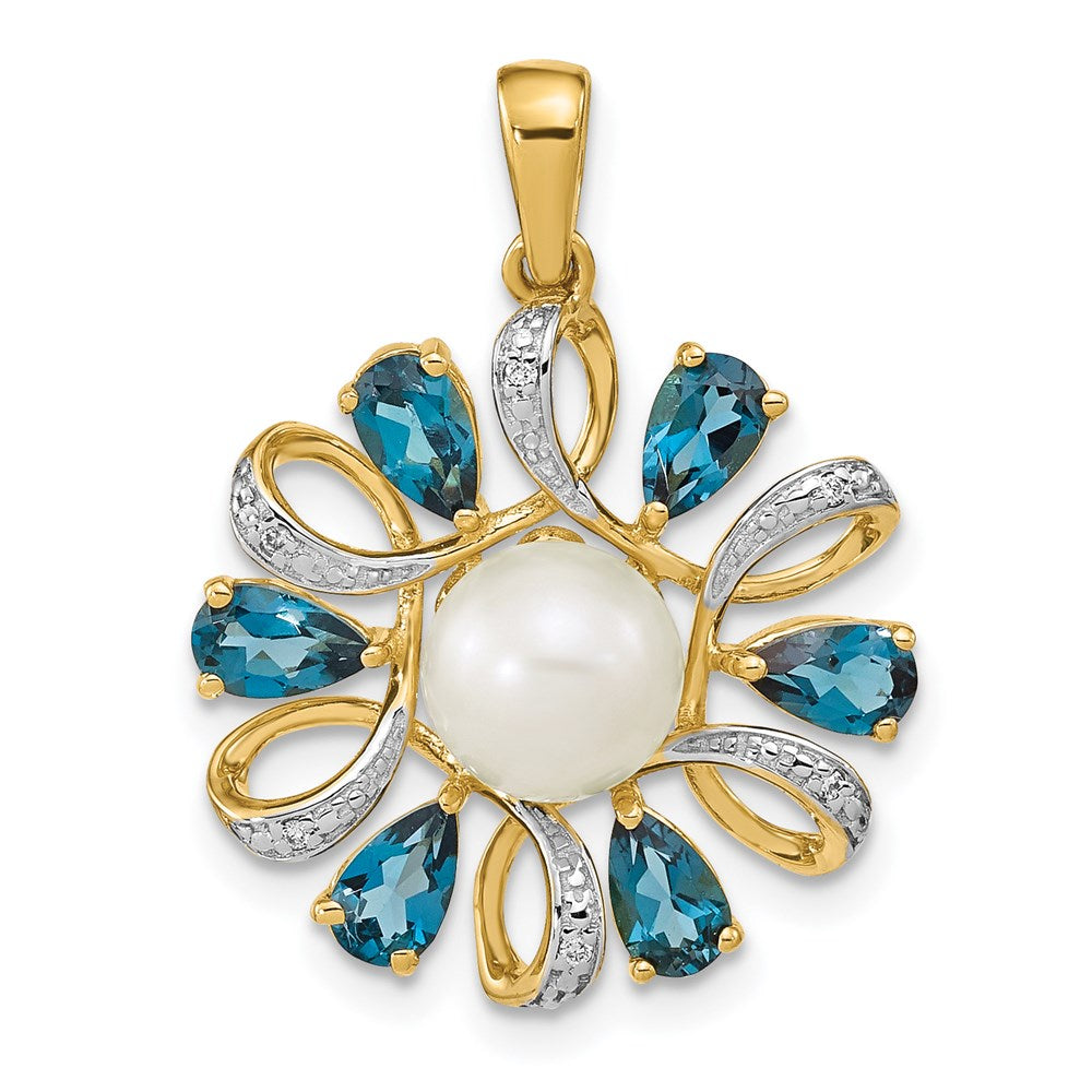 14k 6-7mm Button White Freshwater Cultured Pearl/Pear London Blue Topaz/Diamond Pendant, 1.519 ct, 28 x 20 mm