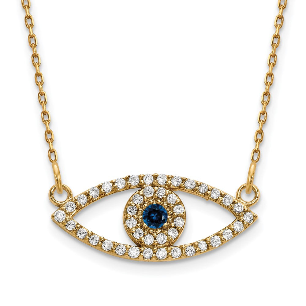 14k Polished 1/6 carat Diamond and Sapphire Small Evil Eye 18 inch Necklace, 0.238 ct, 18 x 19 mm