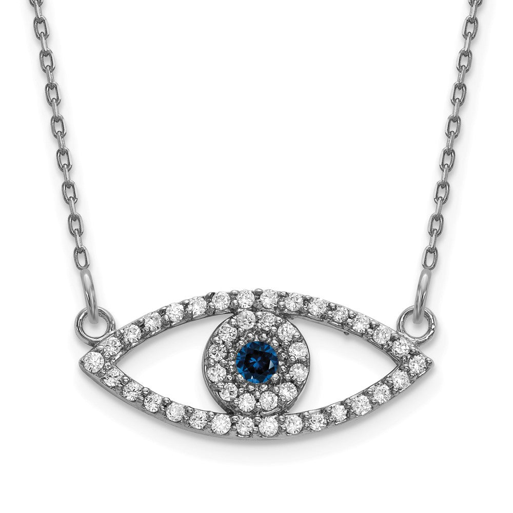 14k White Gold Polished 1/6 carat Diamond and Sapphire Small Evil Eye 18 inch Necklace, 0.238 ct, 18 x 19 mm