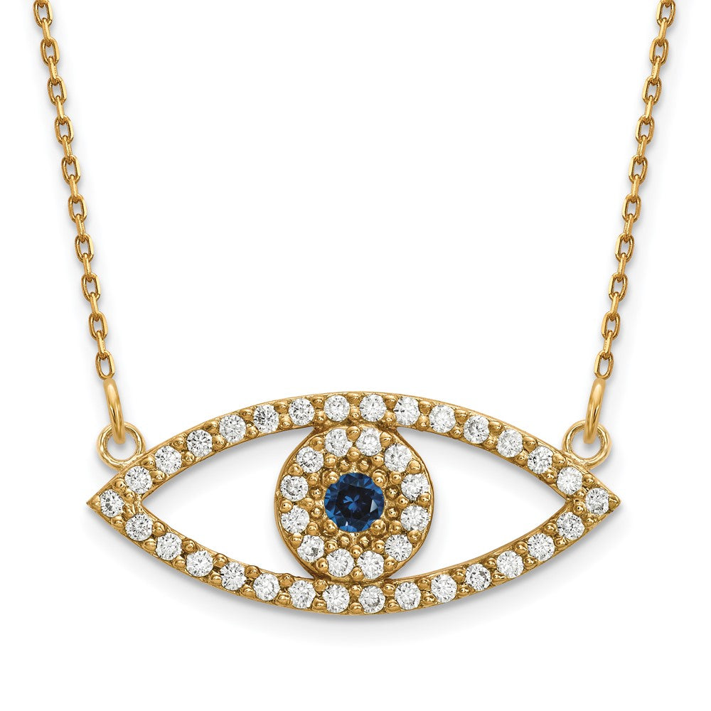 14k Polished 1/2 carat Diamond and Sapphire Medium Evil Eye 18 inch Necklace, 0.634 ct, 18 x 24 mm