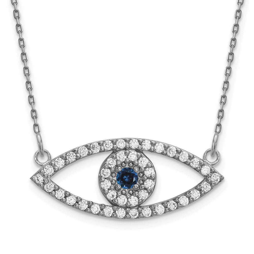 14k White Gold Polished 1/2 carat Diamond and Sapphire Medium Evil Eye 18 inch Necklace, 0.634 ct, 18 x 24 mm