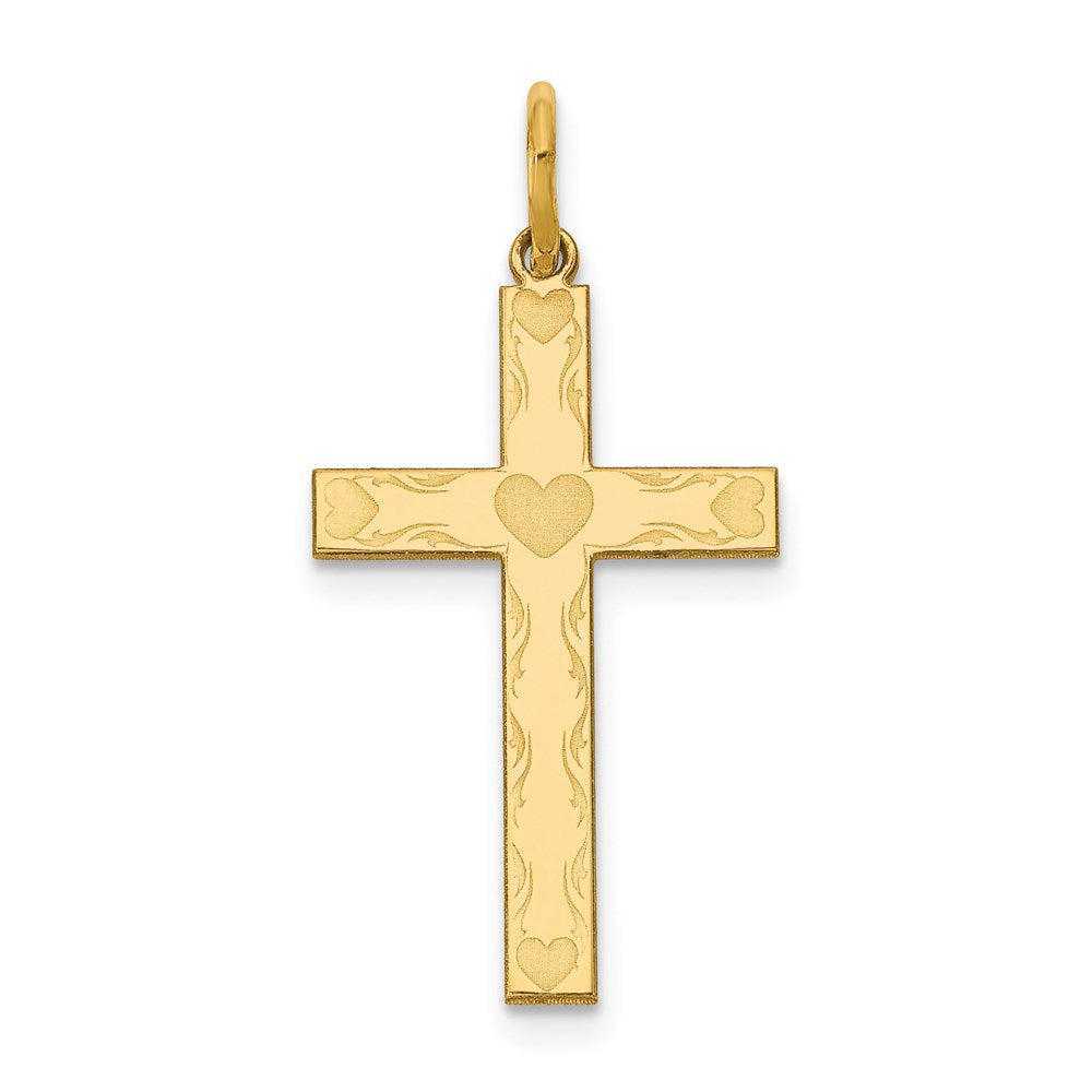 14K Laser Designed Cross with Hearts Charm, 26 x 13 mm