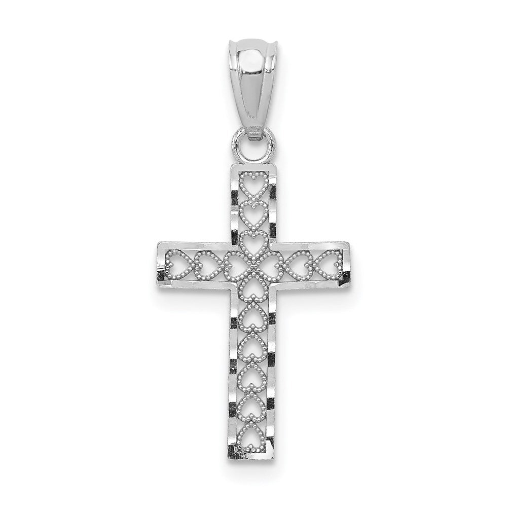 14k White Gold Cross with Hearts Pendant, 25 x 12 mm