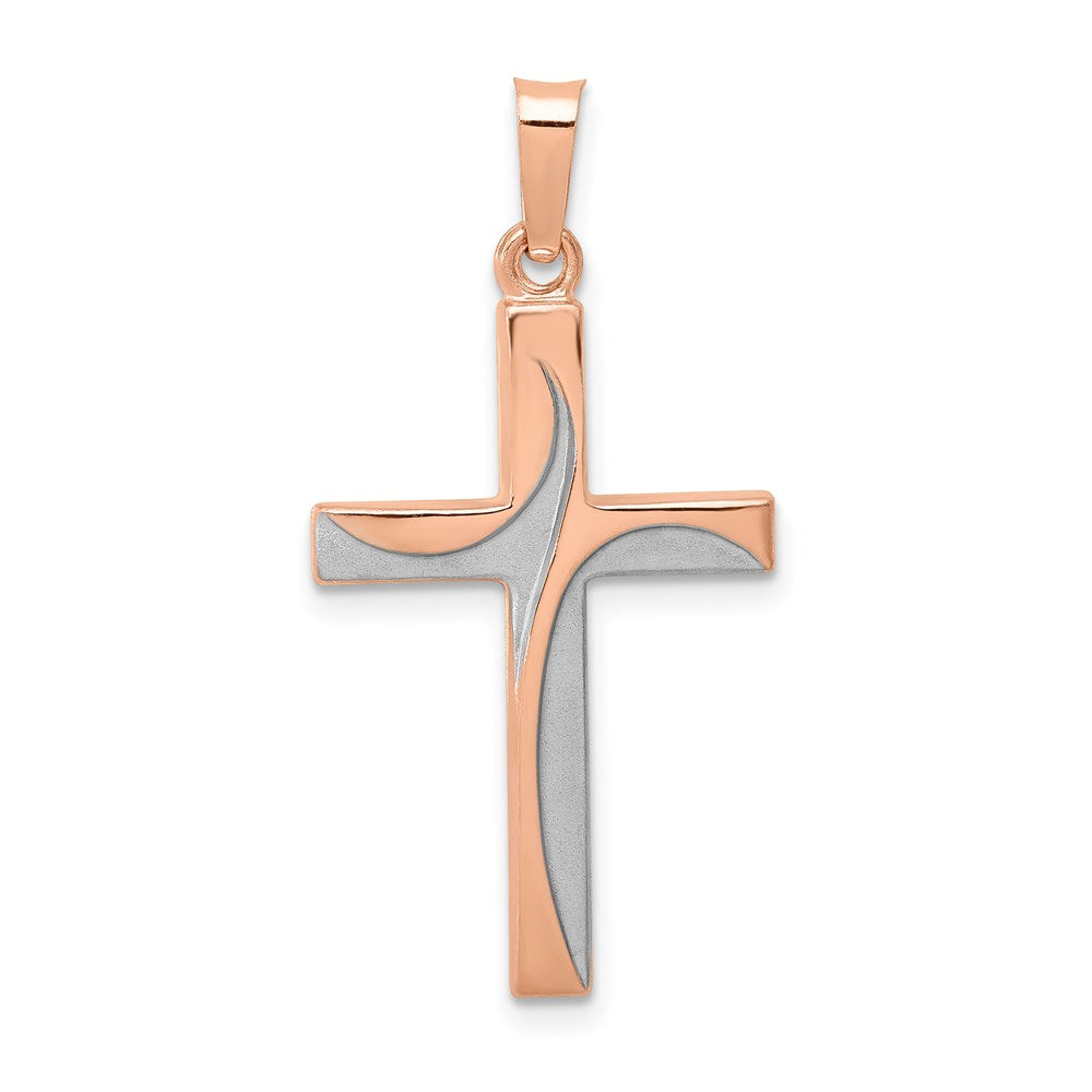 14k Rose Gold and White Rhodium Hollow Cross Pendant, 31.4 x 16.4 mm