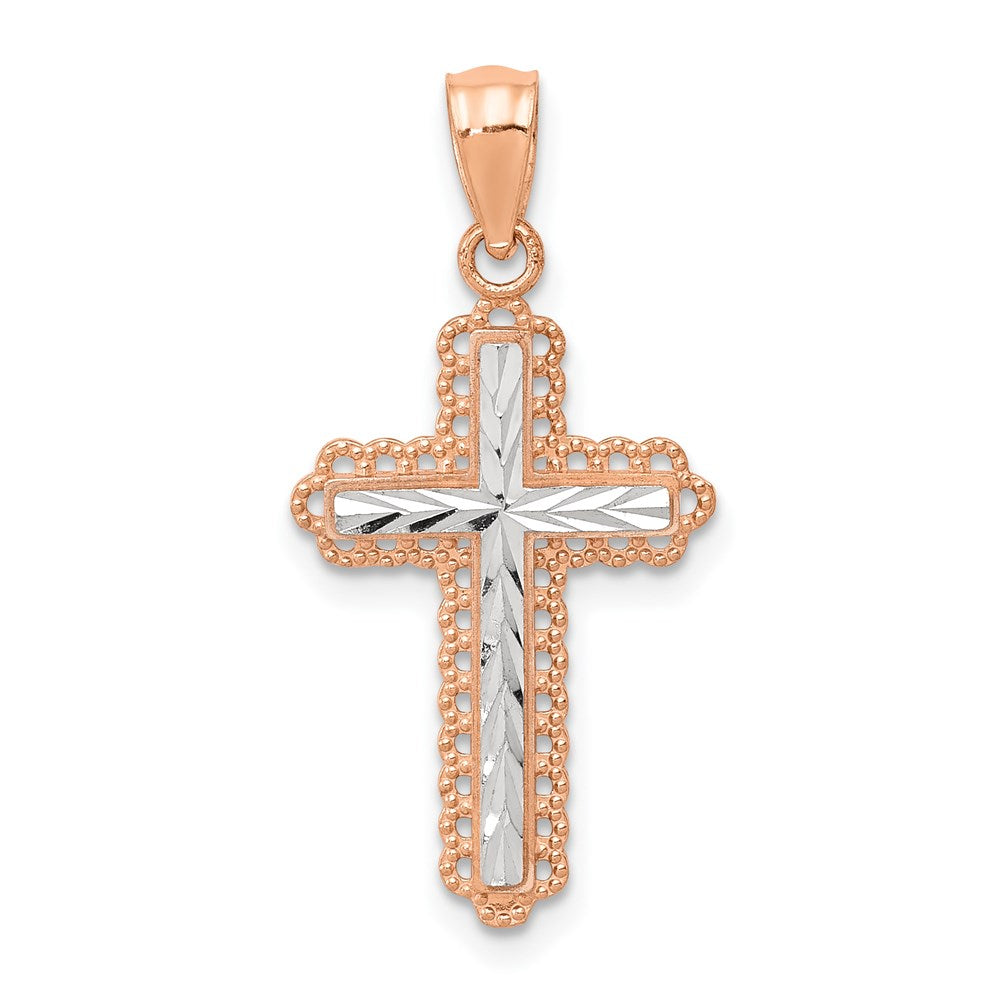 14k Rose Gold and White Rhodium Diamond-cut Cross Pendant, 28 x 13.75 mm