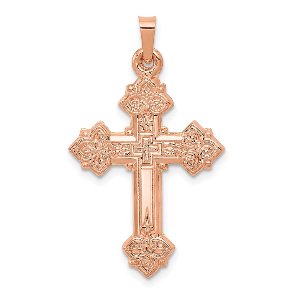 14K Rose Gold Fleur de Lis Cross Pendant, 30 x 20 mm