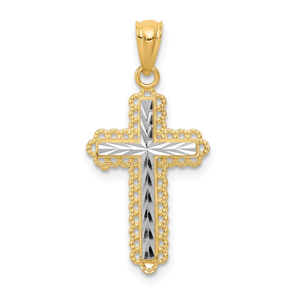 14K with White Rhodium Diamond Cut Cross Pendant, 21 x 13 mm