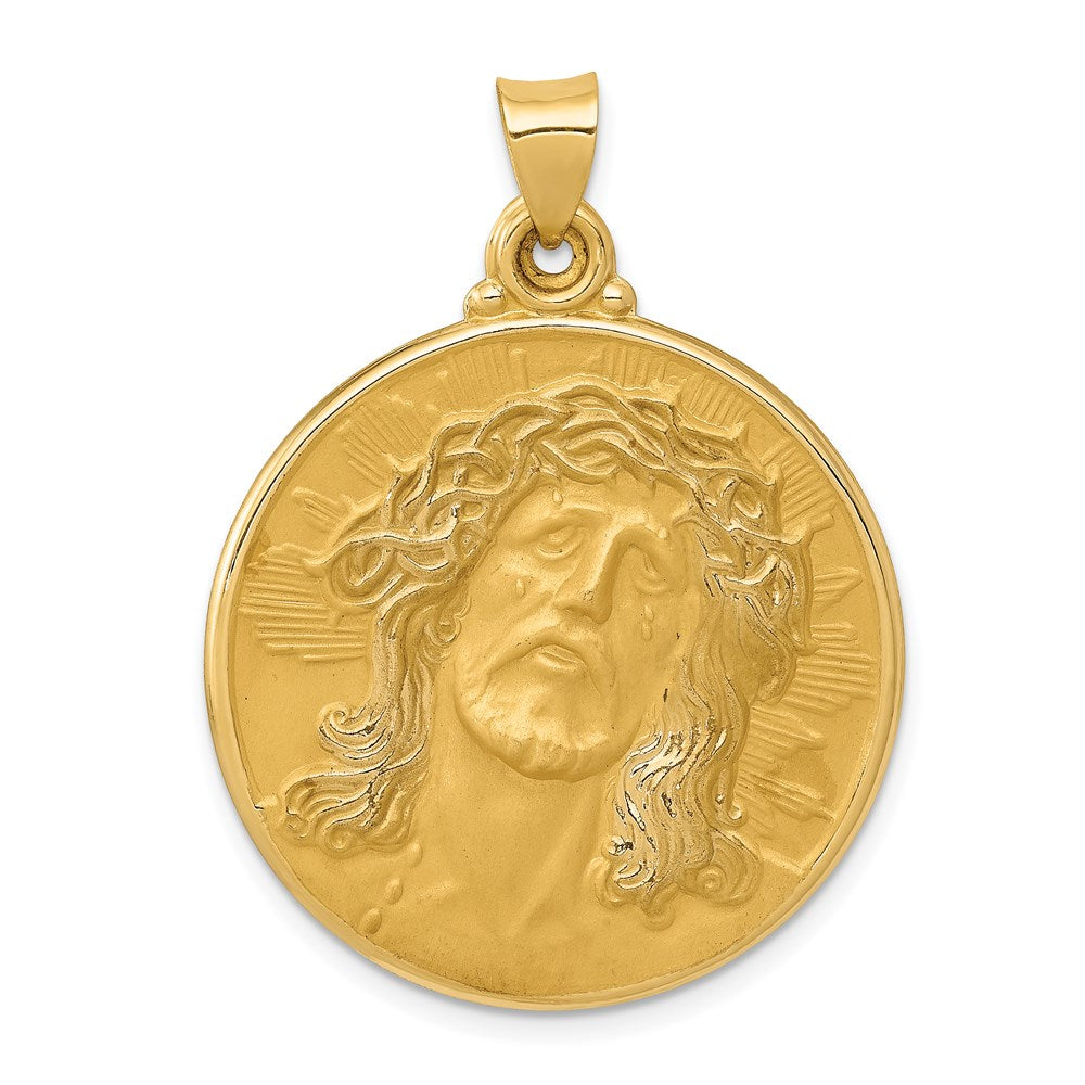 14k Polished and Satin Face of Jesus Medal Hollow Pendant, 33 x 28 mm